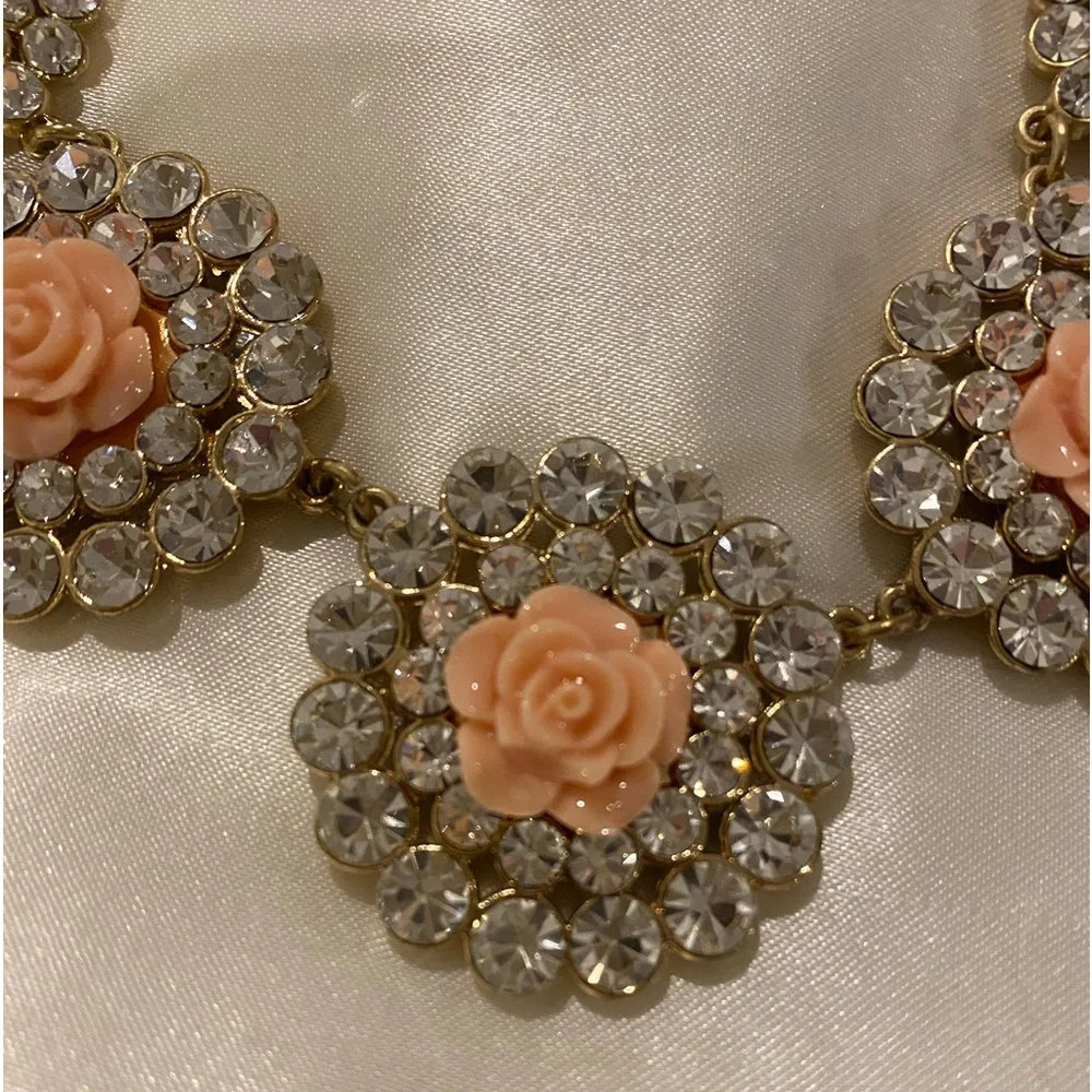 Pink Roses Surrounded by Crystals in this Necklace. Lobster Claw Clasp - Picture 5 of 8